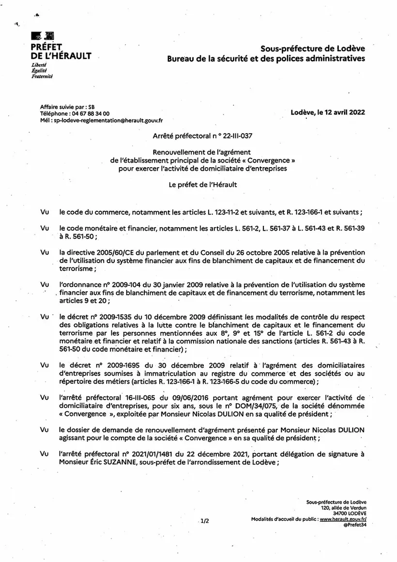 Arrêté préfectoral DOM/34/2022/075 page 1 — Agrément domiciliataire Millénaire Castelnau-le-Lez
